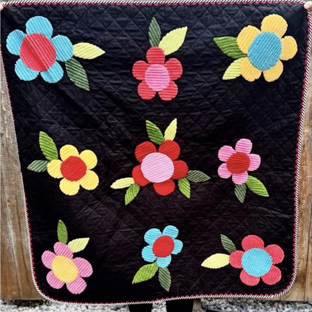 Chenille Cotton Posy Flowers Baby Quilt Black Polka Dots Cottage Core Home Decor